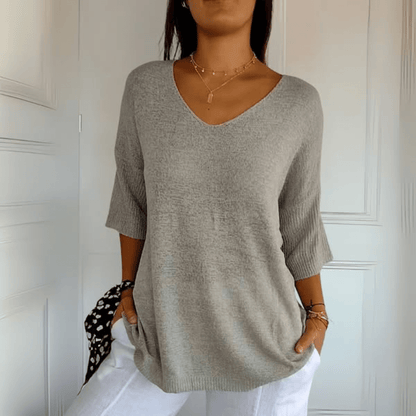 Comfortable Knit Tunic Top for Women with V Neck Elbow Sleeve Relaxed Oversized Style