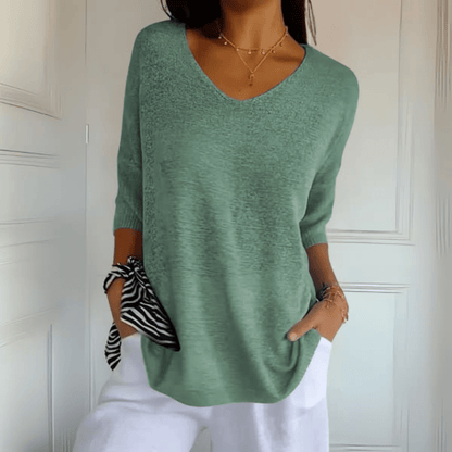Comfortable Knit Tunic Top for Women with V Neck Elbow Sleeve Relaxed Oversized Style