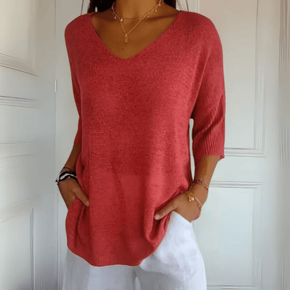 Comfortable Knit Tunic Top for Women with V Neck Elbow Sleeve Relaxed Oversized Style