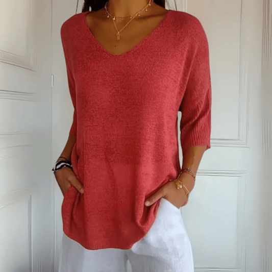 Comfortable Knit Tunic Top for Women with V Neck Elbow Sleeve Relaxed Oversized Style