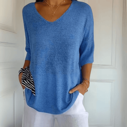 Comfortable Knit Tunic Top for Women with V Neck Elbow Sleeve Relaxed Oversized Style