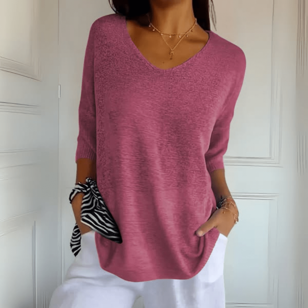 Comfortable Knit Tunic Top for Women with V Neck Elbow Sleeve Relaxed Oversized Style