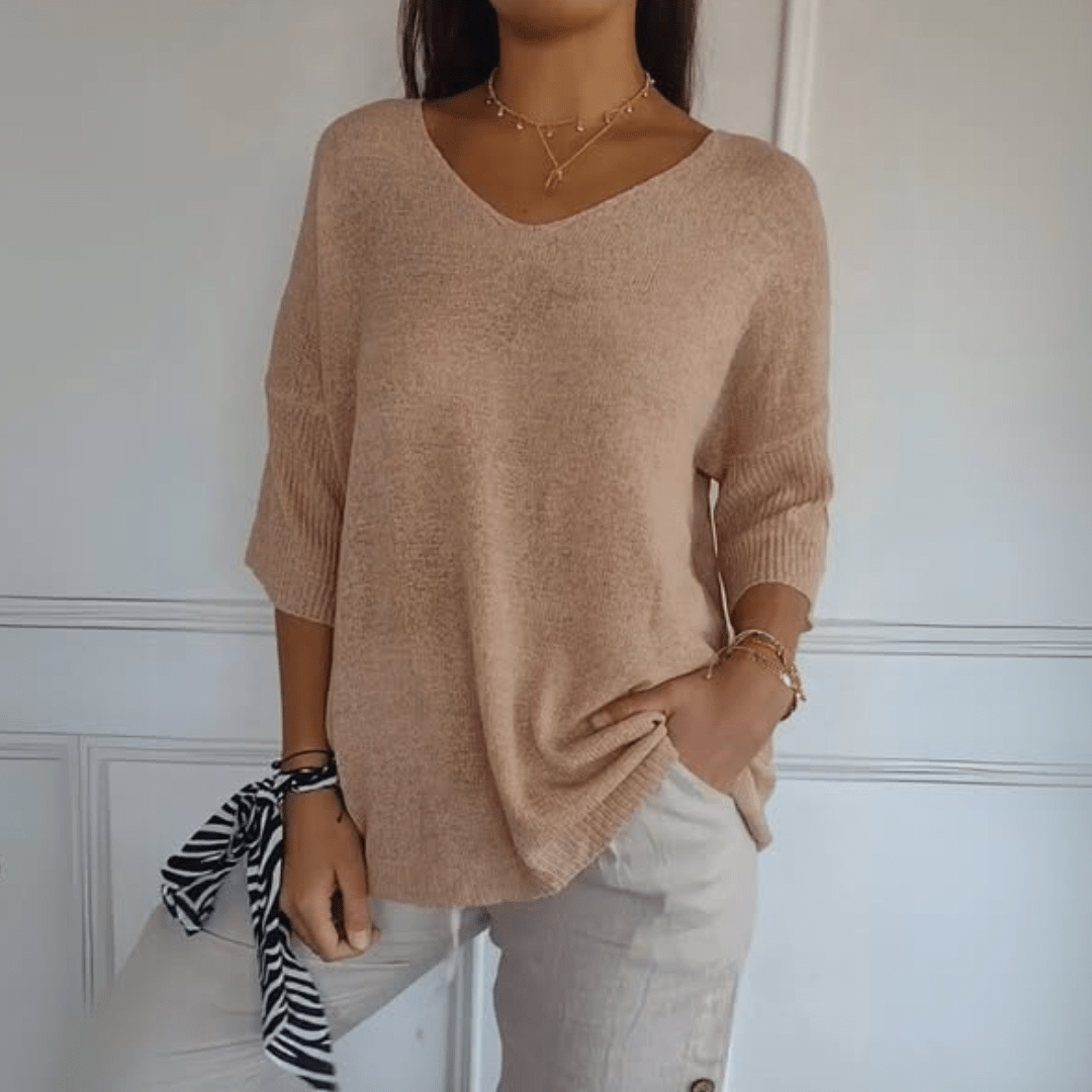 Comfortable Knit Tunic Top for Women with V Neck Elbow Sleeve Relaxed Oversized Style