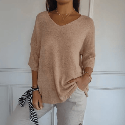 Comfortable Knit Tunic Top for Women with V Neck Elbow Sleeve Relaxed Oversized Style