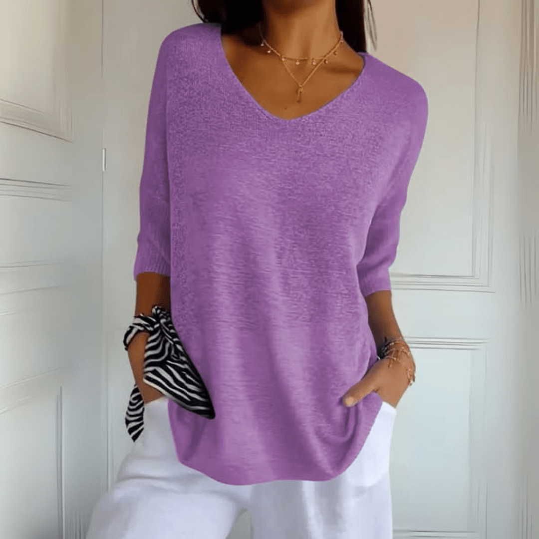 Comfortable Knit Tunic Top for Women with V Neck Elbow Sleeve Relaxed Oversized Style