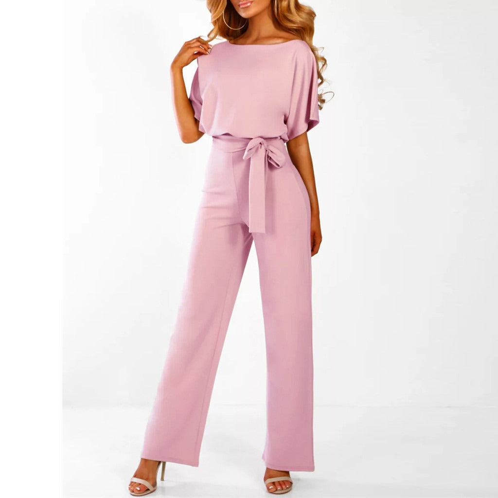 Elegant Belted Jumpsuit for Women with Boat Neck Batwing Sleeve Wide Leg Flowing Style