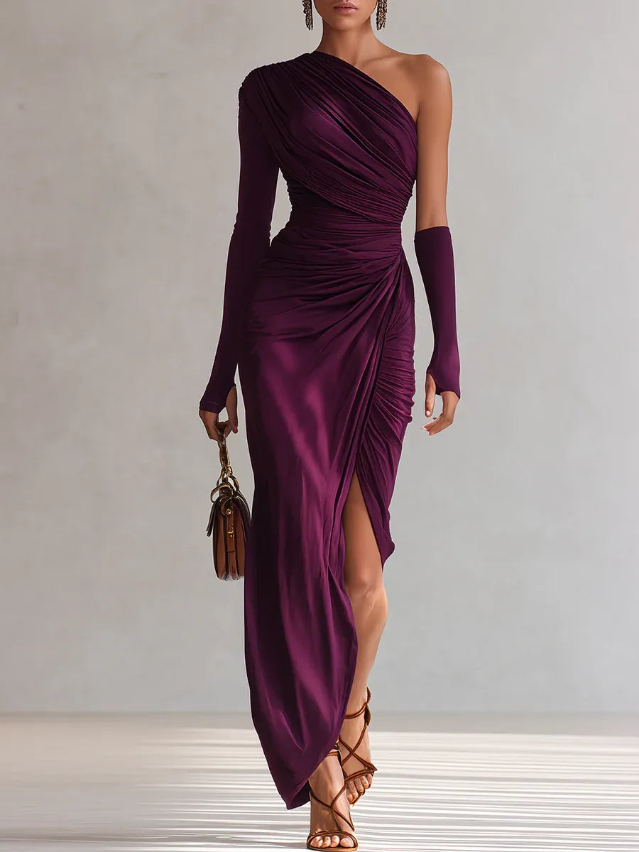 Elegant Purple Satin Maxi Dress for Women with One Shoulder Long Sleeve Ruched High Slit Formal Style