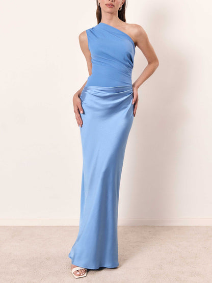 Elegant Satin Maxi Dress for Women with One Shoulder Ruched Waist Mermaid Flowing Style