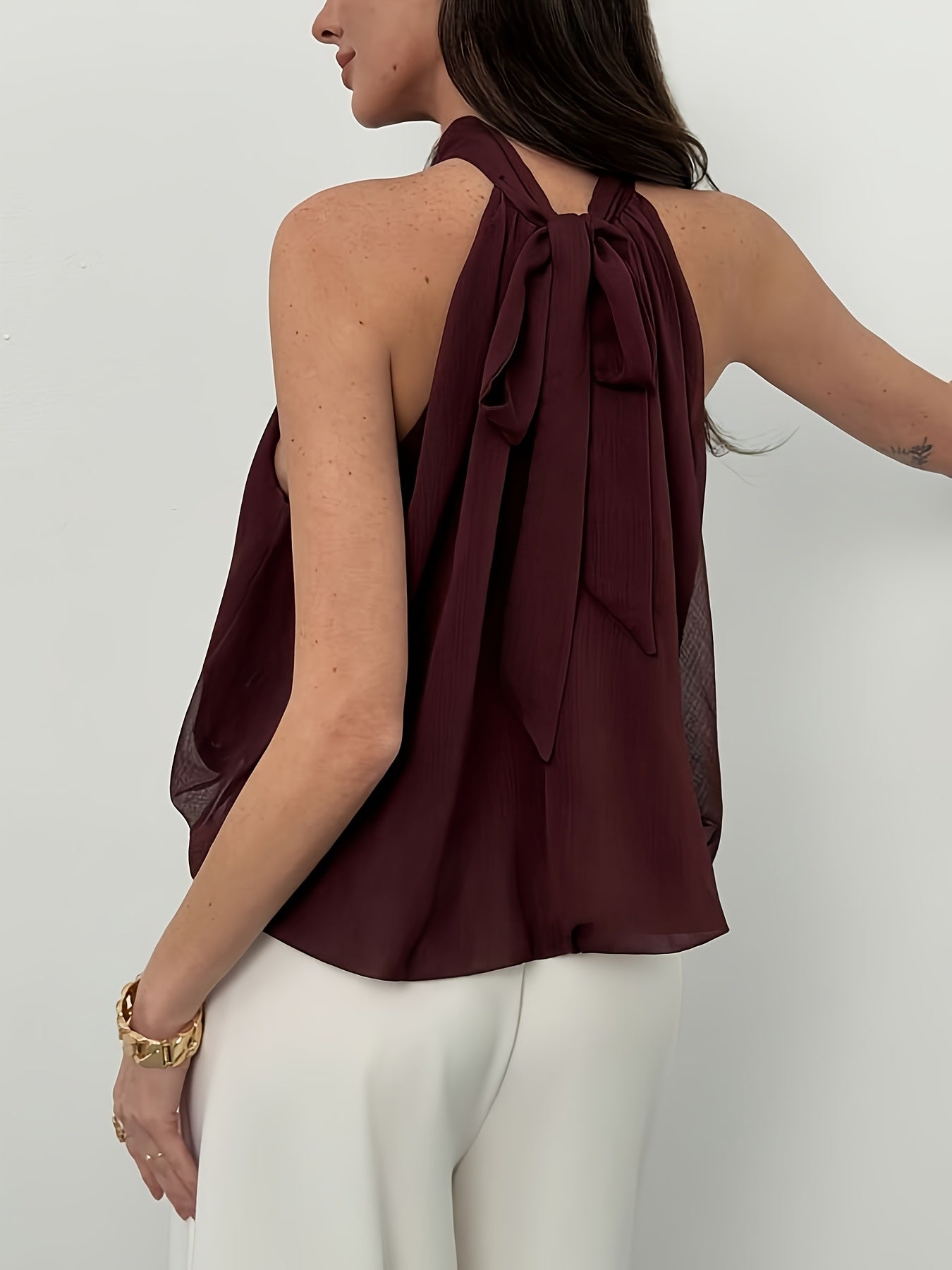 Elegant Burgundy Chiffon Blouse for Women with High Neck Sleeveless Tie Back Flowing Style
