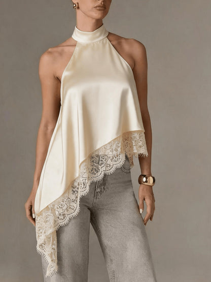 Elegant Satin Lace Trim Blouse for Women with Halter Neck Sleeveless Asymmetric Hem Silky Style
