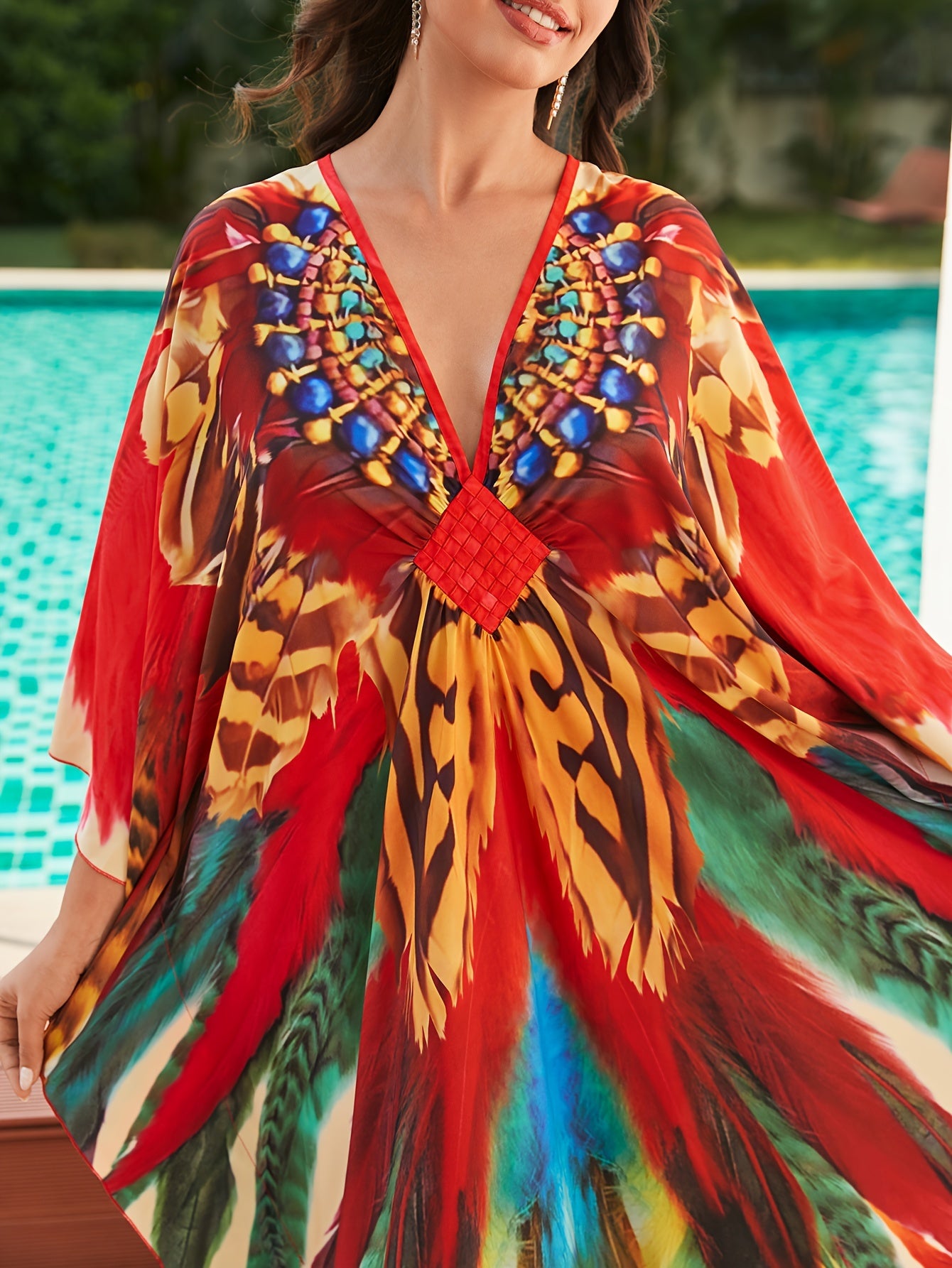 Elegant Multicolor Feather Print Kaftan Dress for Women with V Neck Batwing Sleeve Beaded Flowing Bohemian Style