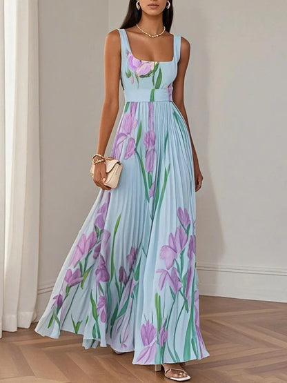 Elegant Floral Maxi Dress for Women with Square Neck Sleeveless Pleated Flowing Wedding Guest Style