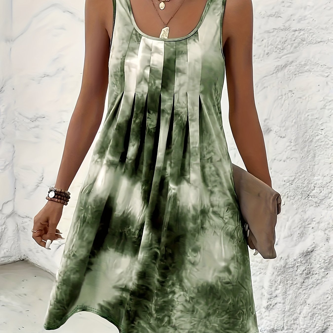 Effortless Tie Dye Mini Dress for Women with Scoop Neck Sleeveless Pleated Flowy Bohemian Style
