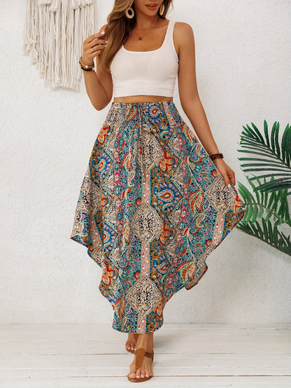 Effortless Multicolor Paisley Maxi Skirt for Women with High Waist Drawstring Handkerchief Hem Bohemian Style