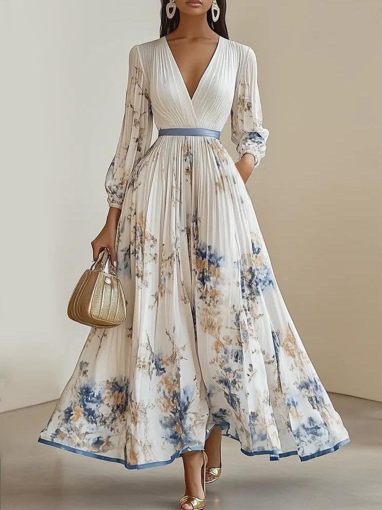 Elegant White Floral Maxi Dress for Women with V Neck Long Sleeve Belted Pleated Wedding Guest Style