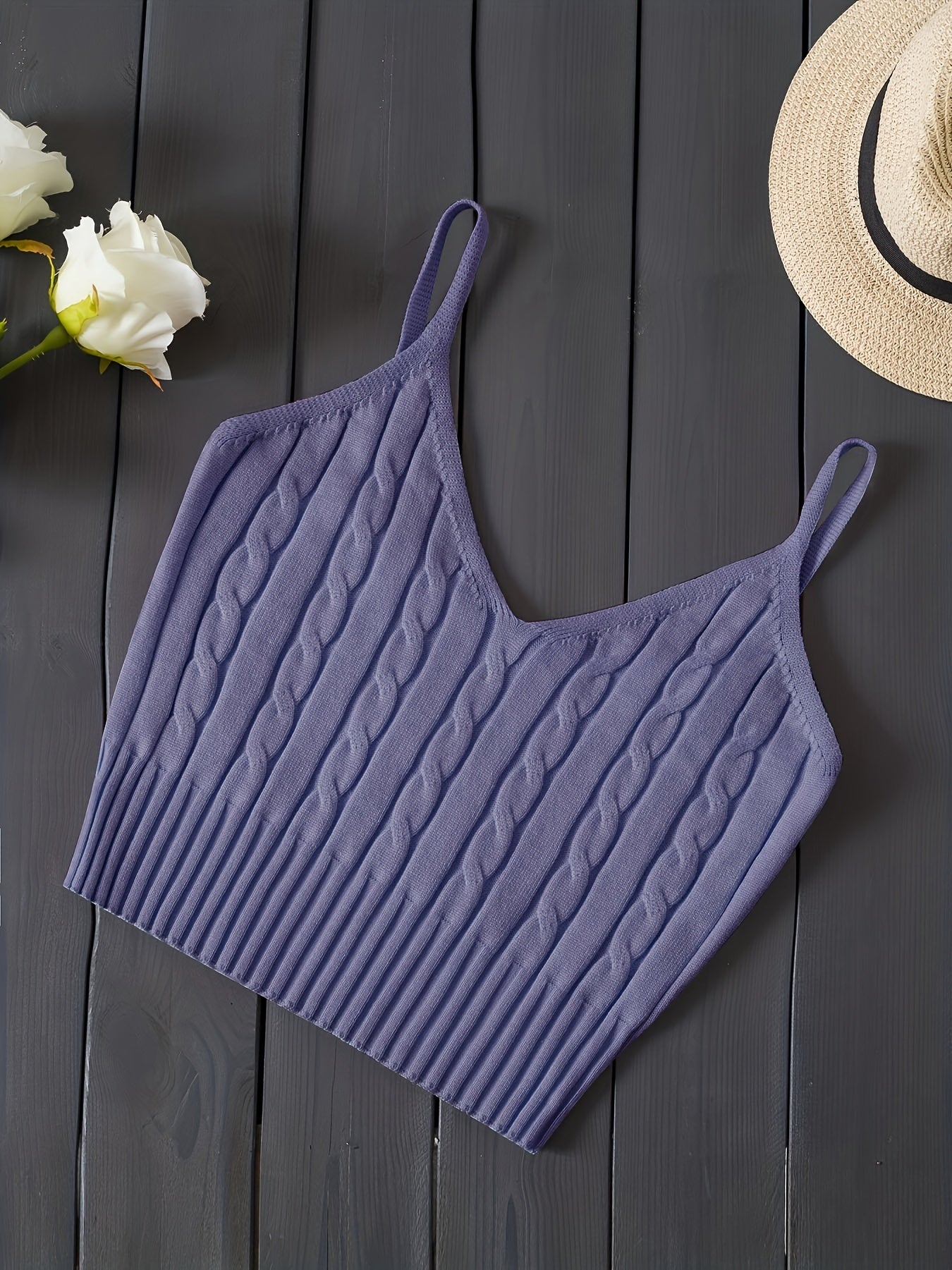 Comfortable Cable Knit Tank Top for Women with V Neck Sleeveless Ribbed Cropped Style