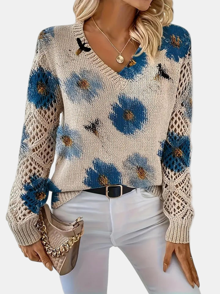 Comfortable Floral Print Sweater for Women with V Neck Long Sleeve Crochet Lace Oversized Knit Style
