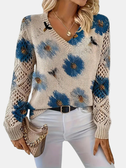 Comfortable Floral Print Sweater for Women with V Neck Long Sleeve Crochet Lace Oversized Knit Style
