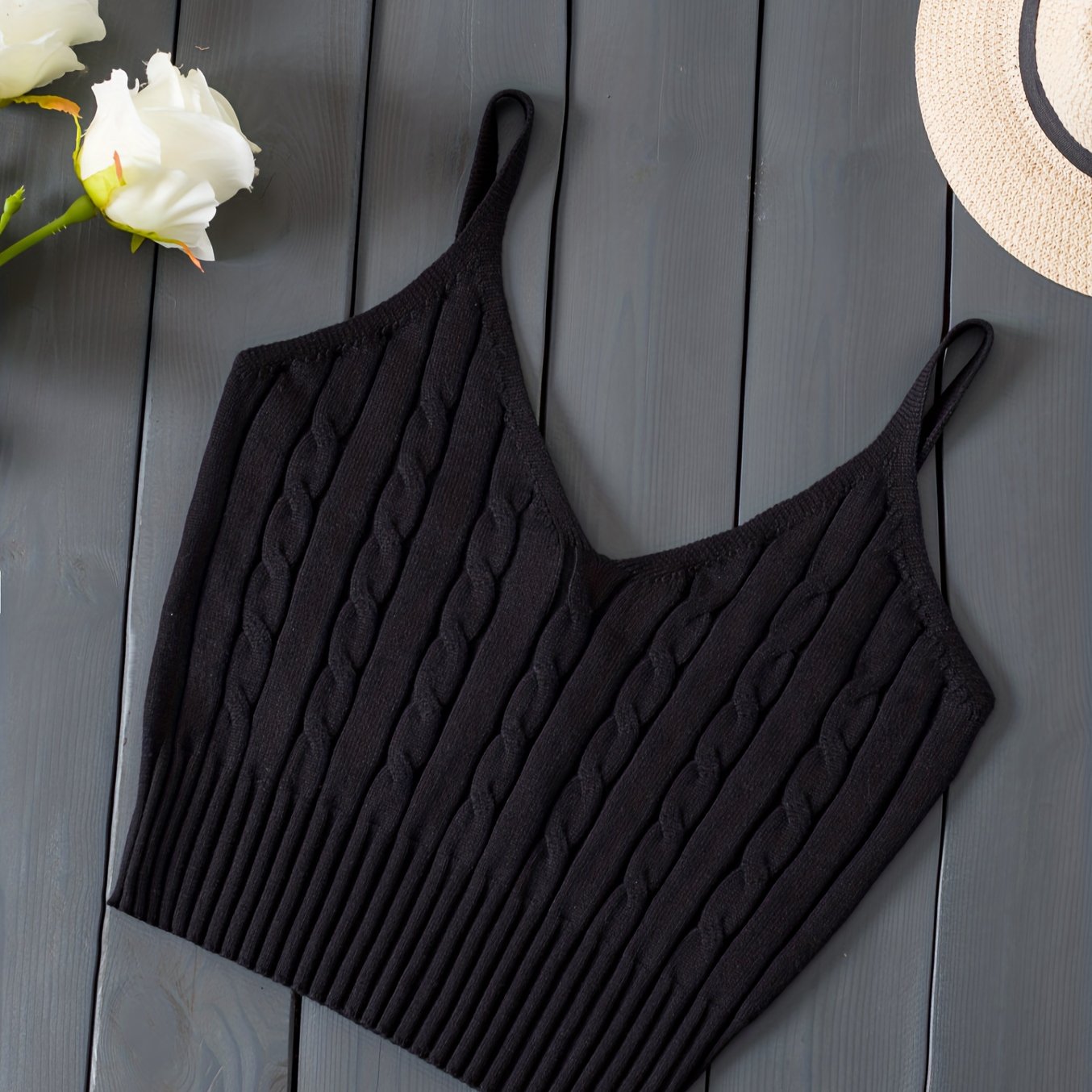 Comfortable Cable Knit Tank Top for Women with V Neck Sleeveless Ribbed Cropped Style