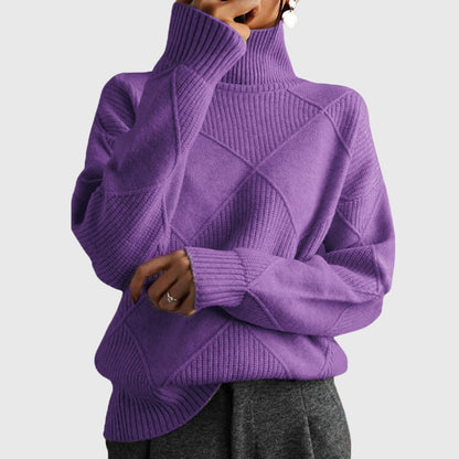 Comfortable Diamond Pattern Sweater for Women with Turtleneck Long Sleeve Relaxed Oversized Knit Style