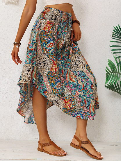 Effortless Multicolor Paisley Maxi Skirt for Women with High Waist Drawstring Handkerchief Hem Bohemian Style