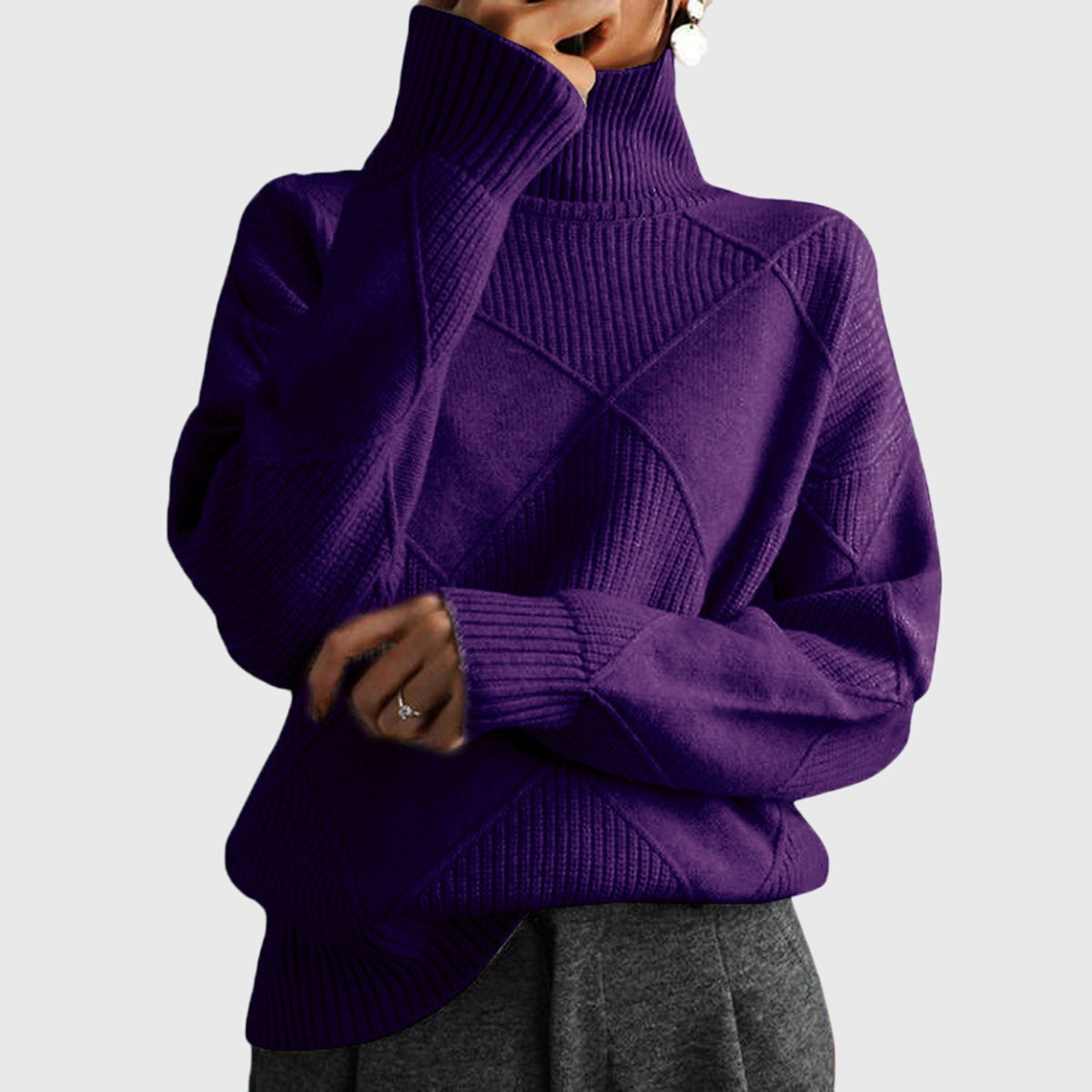 Comfortable Diamond Pattern Sweater for Women with Turtleneck Long Sleeve Relaxed Oversized Knit Style