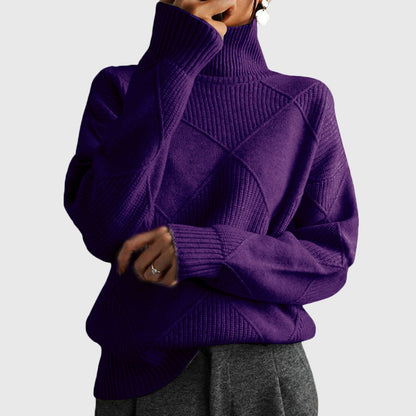 Comfortable Diamond Pattern Sweater for Women with Turtleneck Long Sleeve Relaxed Oversized Knit Style