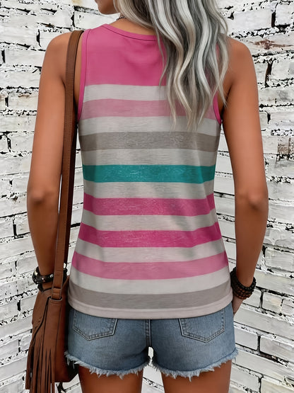 Effortless Rose Red Striped Tank Top for Women with Round Neck Sleeveless Relaxed Racerback Style