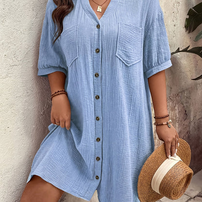 Effortless Textured Cotton Shirt Dress for Women with Collar Elbow Sleeve Button Front Patch Pocket Casual Style