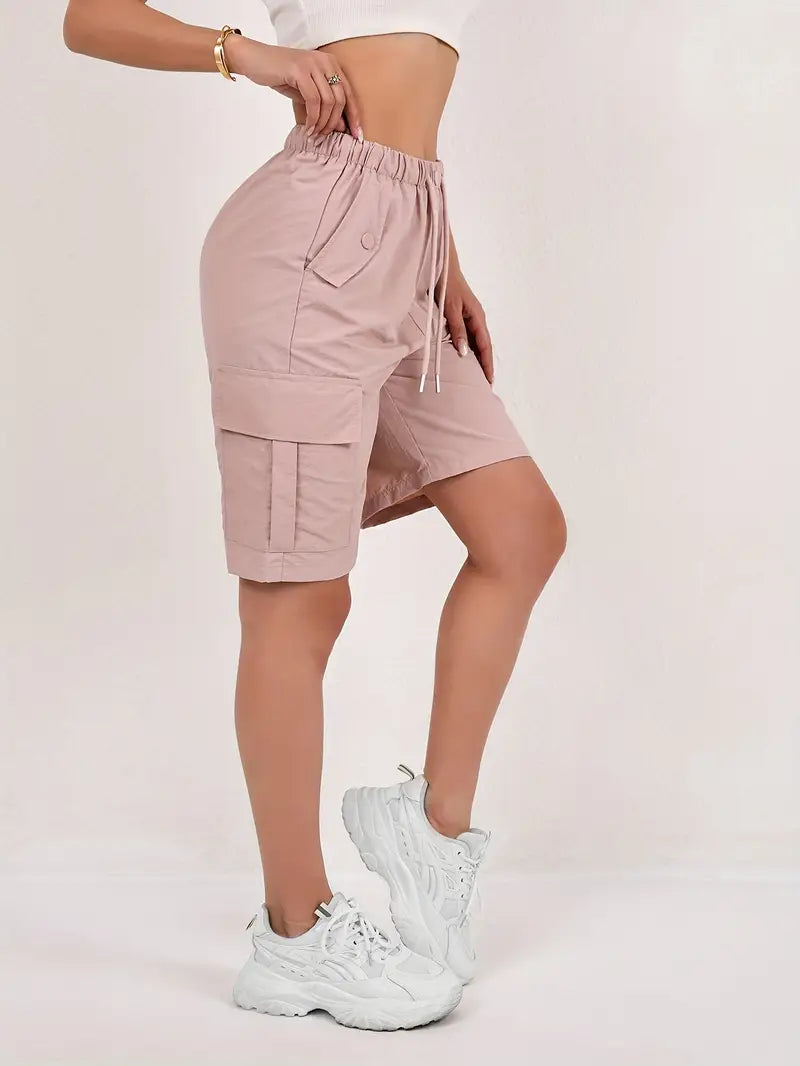 Effortless Pink Cargo Shorts for Women with Elastic Waist Drawstring Flap Pocket Relaxed Casual Style