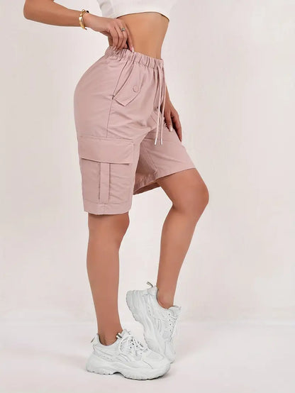 Effortless Pink Cargo Shorts for Women with Elastic Waist Drawstring Flap Pocket Relaxed Casual Style
