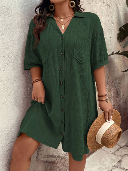 Effortless Textured Cotton Shirt Dress for Women with Collar Elbow Sleeve Button Front Patch Pocket Casual Style