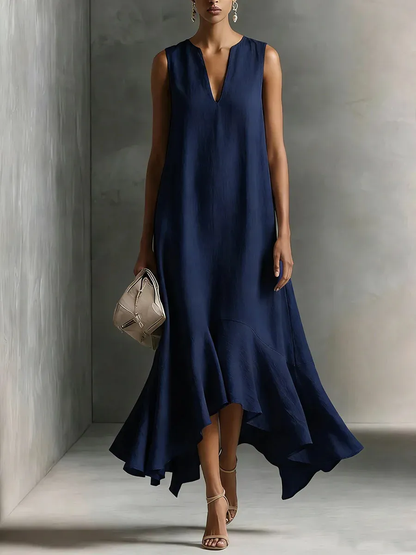 Effortless Satin Maxi Dress for Women with Deep V Neck Sleeveless High Low Flowing Formal Wedding Guest Style