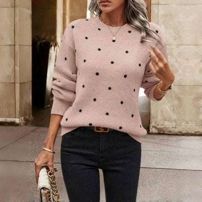 Comfortable Polka Dot Sweater for Women with Crew Neck Long Sleeve Relaxed Oversized Knit Style