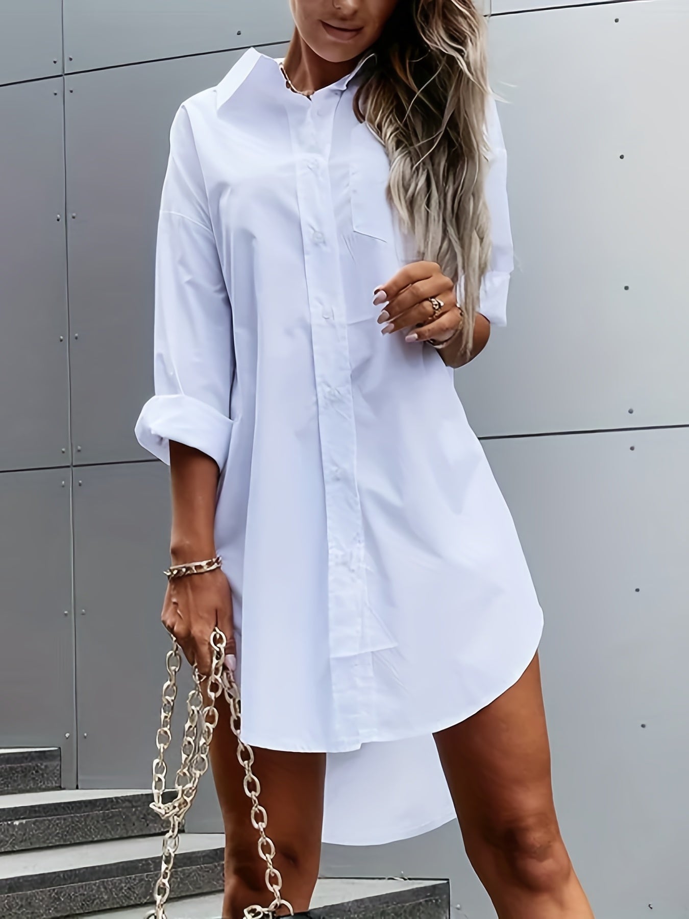 Effortless Button Front Shirt Dress for Women with Collar Long Sleeve High Low Hem Oversized Casual Style