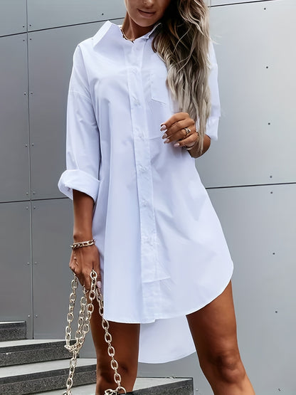 Effortless Button Front Shirt Dress for Women with Collar Long Sleeve High Low Hem Oversized Casual Style