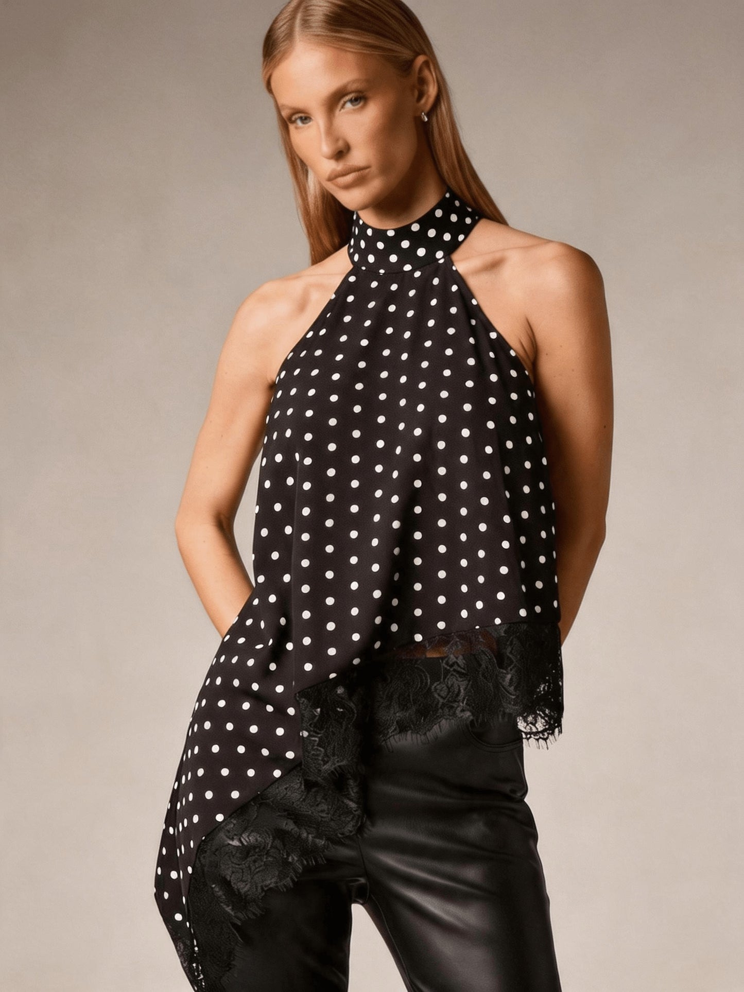 Elegant Satin Lace Trim Blouse for Women with Halter Neck Sleeveless Asymmetric Hem Silky Style