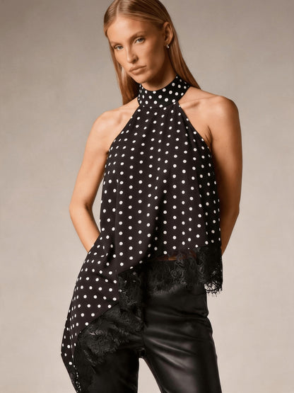 Elegant Satin Lace Trim Blouse for Women with Halter Neck Sleeveless Asymmetric Hem Silky Style