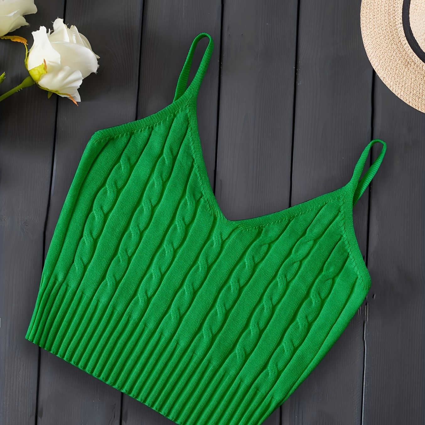 Comfortable Cable Knit Tank Top for Women with V Neck Sleeveless Ribbed Cropped Style