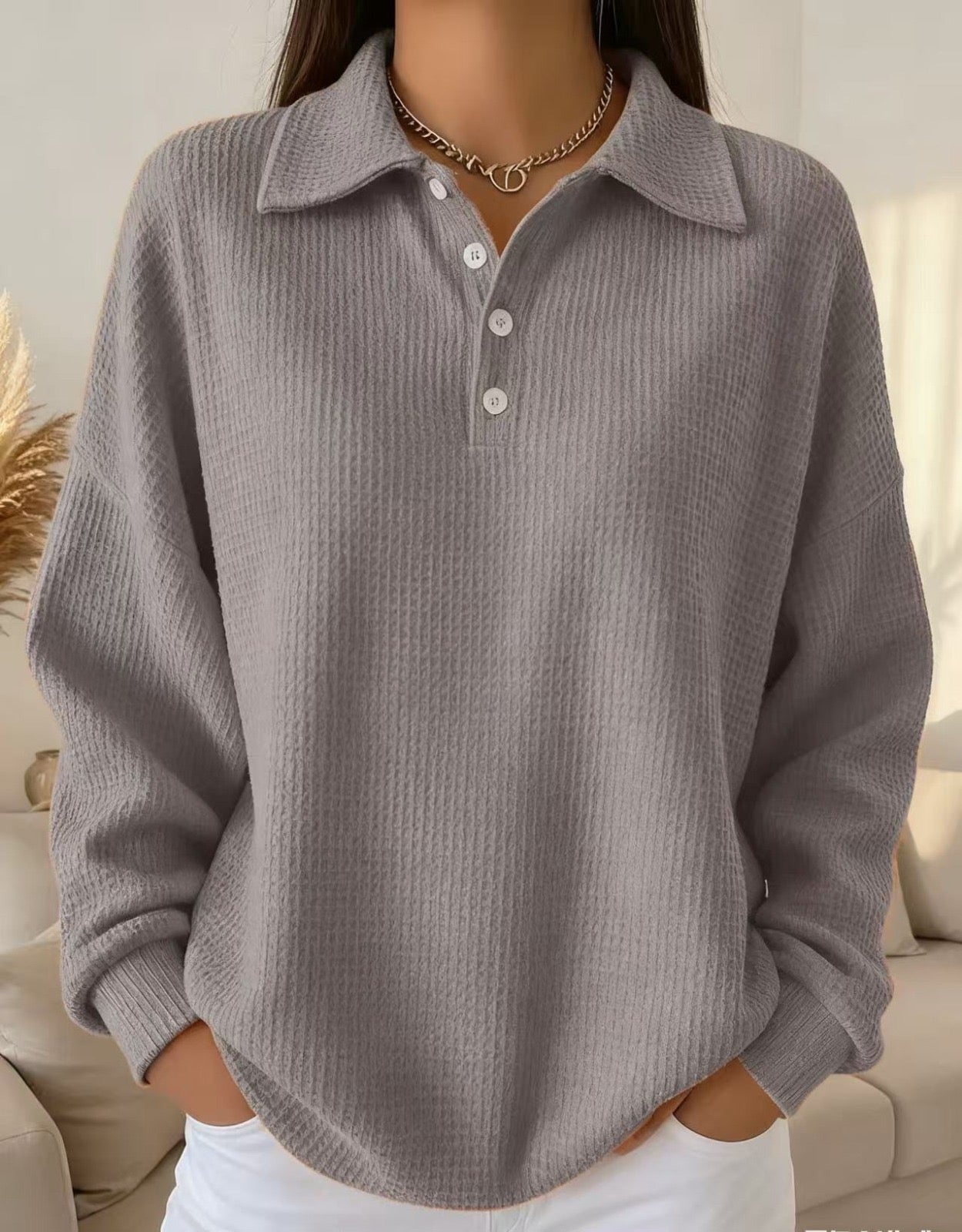 Comfortable Waffle Knit Polo Sweater for Women with Collared V Neck Long Sleeve Button Placket Oversized Relaxed Style