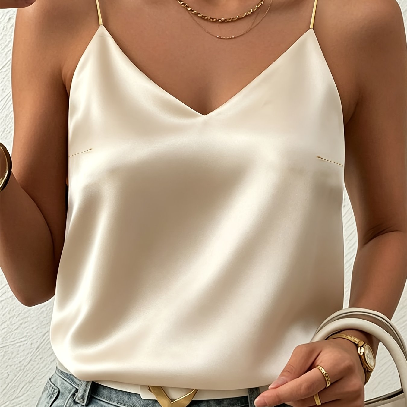 Elegant Satin Cami Tank Top for Women with V Neck Spaghetti Strap Relaxed Silky Style