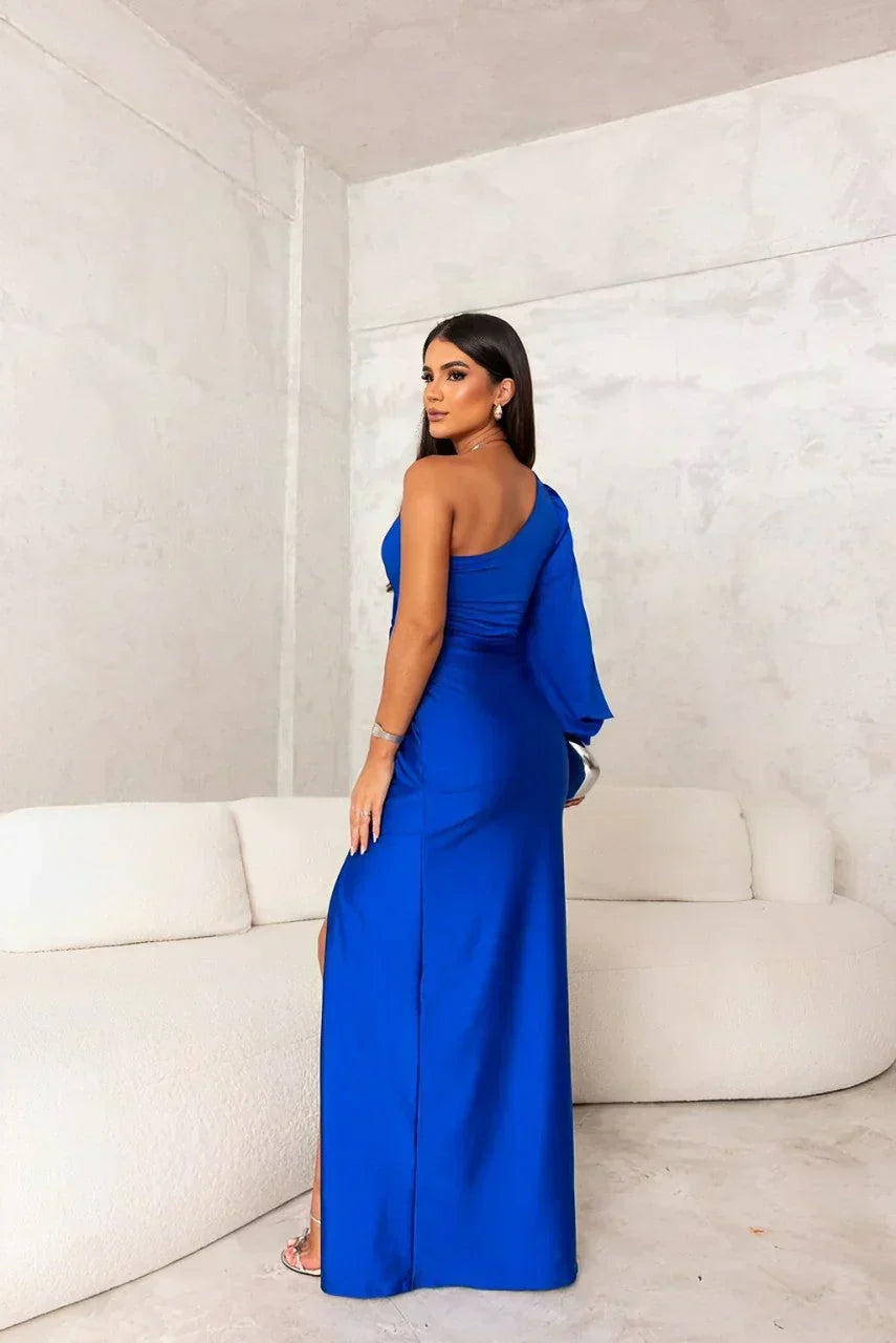 Elegant Satin Maxi Dress for Women with One Shoulder Long Sleeve Twist Waist Thigh Slit Formal Party Style