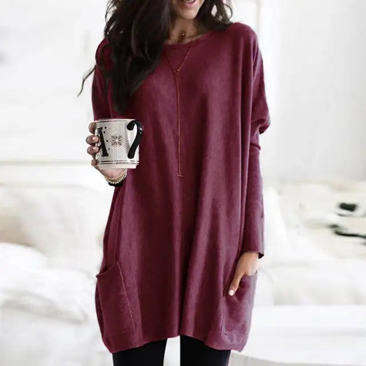 Comfortable Knit Tunic Sweater for Women with Round Neck Long Sleeve Oversized Pocket Relaxed Style