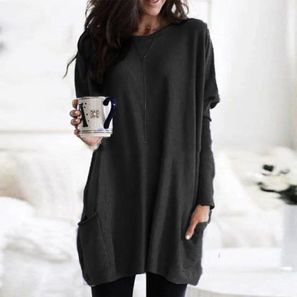 Comfortable Knit Tunic Sweater for Women with Round Neck Long Sleeve Oversized Pocket Relaxed Style