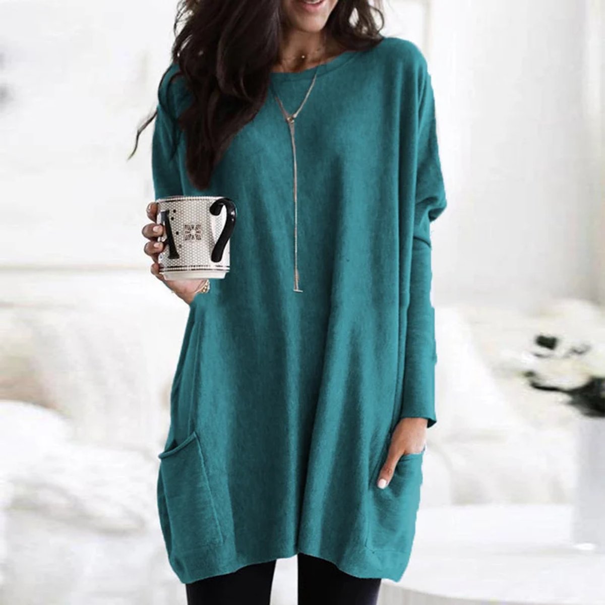 Comfortable Knit Tunic Sweater for Women with Round Neck Long Sleeve Oversized Pocket Relaxed Style