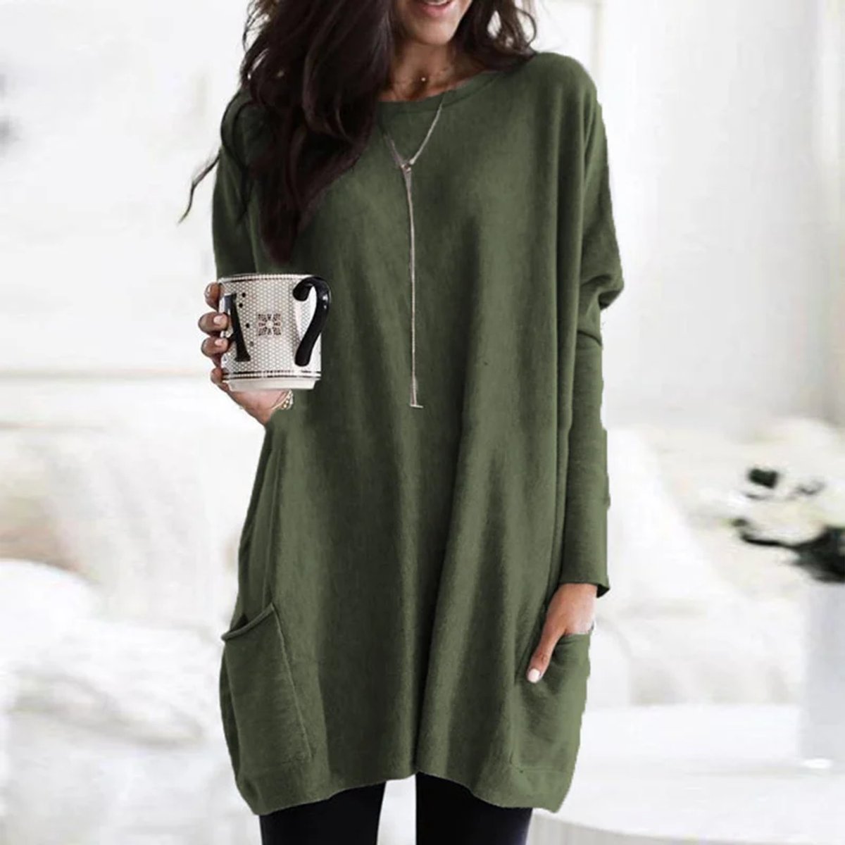 Comfortable Knit Tunic Sweater for Women with Round Neck Long Sleeve Oversized Pocket Relaxed Style
