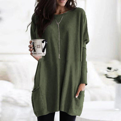 Comfortable Knit Tunic Sweater for Women with Round Neck Long Sleeve Oversized Pocket Relaxed Style