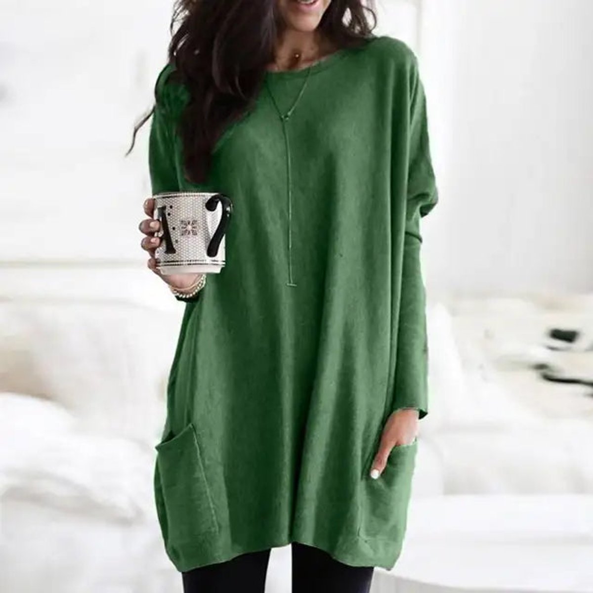 Comfortable Knit Tunic Sweater for Women with Round Neck Long Sleeve Oversized Pocket Relaxed Style