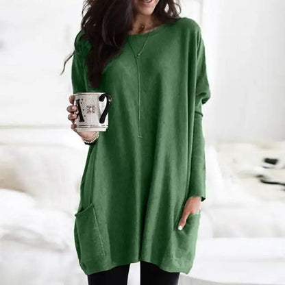 Comfortable Knit Tunic Sweater for Women with Round Neck Long Sleeve Oversized Pocket Relaxed Style