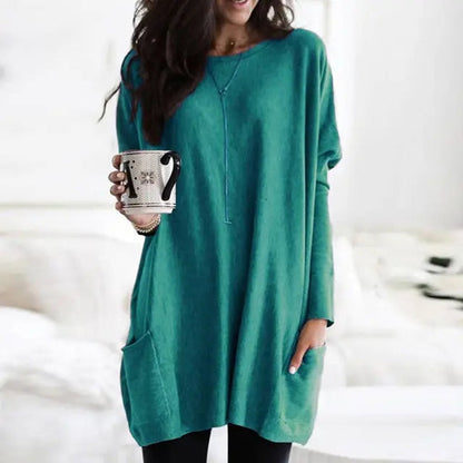 Comfortable Knit Tunic Sweater for Women with Round Neck Long Sleeve Oversized Pocket Relaxed Style